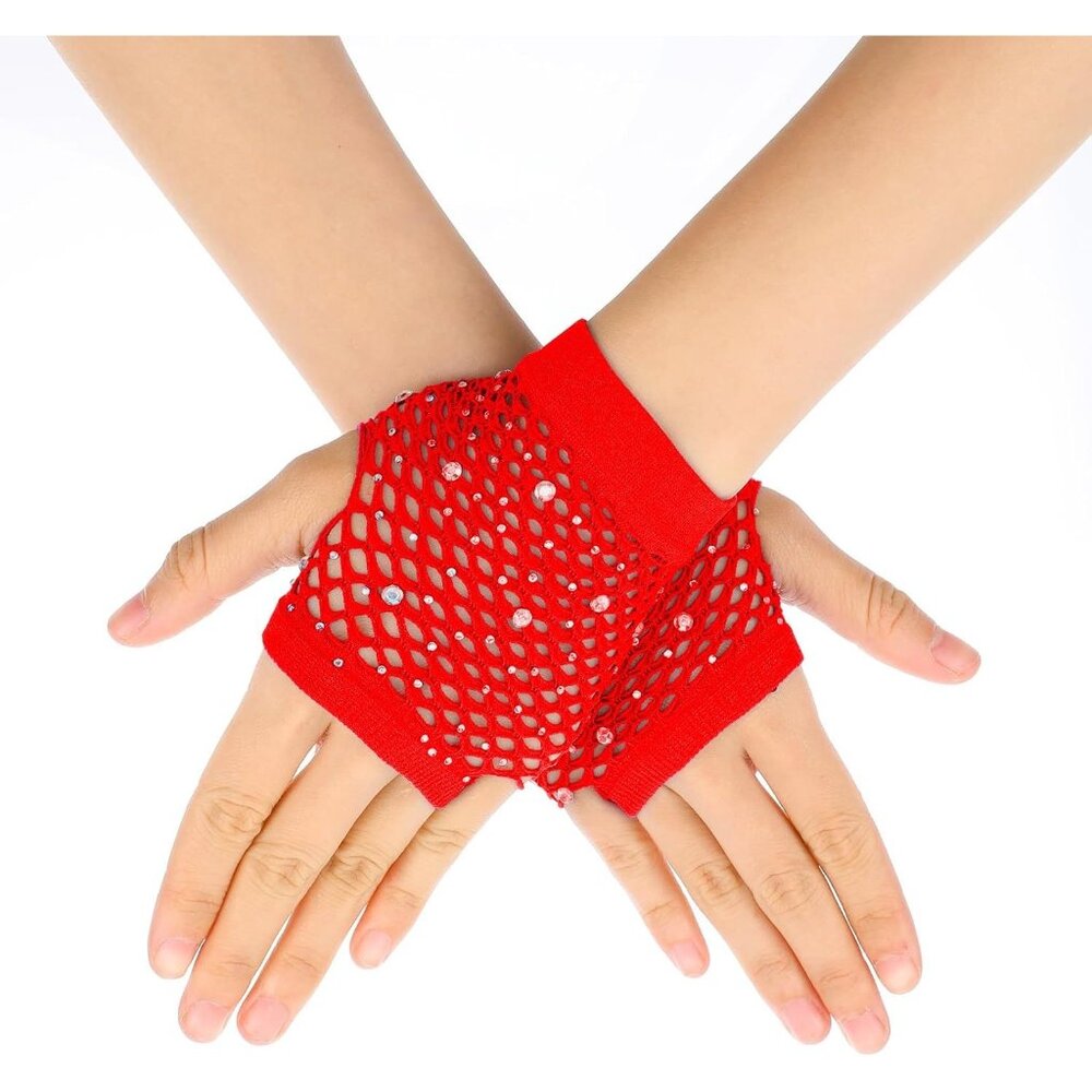 Women's Red Rhinestone Fishnet Short Mesh Gloves Halloween Party Costumes